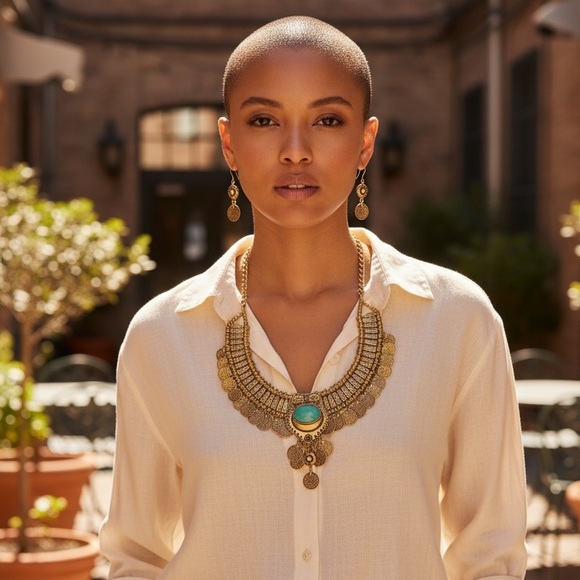 NWT Gold Coin Statement Necklace & Earrings Set with Turquoise Accent - Picture 10 of 15